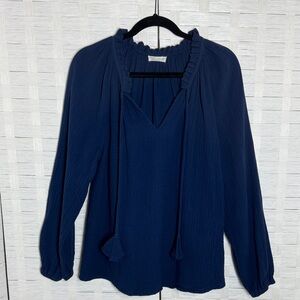 Just Living Navy Blue V Neck Mock Ruffle Collar Long Sleeve Size Medium
